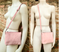 Suede leather bag in light PINK. 2 straps: suede + guitar strap. Cross body or shoulder bag in GENUINE leather. Small PINK purse with zipper