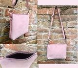 Suede leather bag in light PINK. 2 straps: suede + guitar strap. Cross body or shoulder bag in GENUINE leather. Small PINK purse with zipper