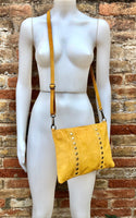 Crossbody bag. MUSTARD YELLOW boho suede leather bag with bronze tacks. Messenger bag in genuine suede leather. YELLOW suede purse