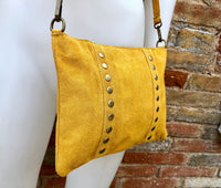 Crossbody bag. MUSTARD YELLOW boho suede leather bag with bronze tacks. Messenger bag in genuine suede leather. YELLOW suede purse