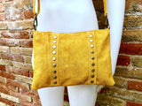 Crossbody bag. MUSTARD YELLOW boho suede leather bag with bronze tacks. Messenger bag in genuine suede leather. YELLOW suede purse