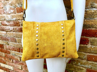 Crossbody bag. MUSTARD YELLOW boho suede leather bag with bronze tacks. Messenger bag in genuine suede leather. YELLOW suede purse