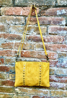 Crossbody bag. MUSTARD YELLOW boho suede leather bag with bronze tacks. Messenger bag in genuine suede leather. YELLOW suede purse