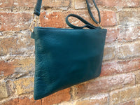 Small leather bag in dark teal GREEN .Genuine LEATHER crossbody / shoulder bag / wristlet. Green leather purse. Adjustable strap and zipper