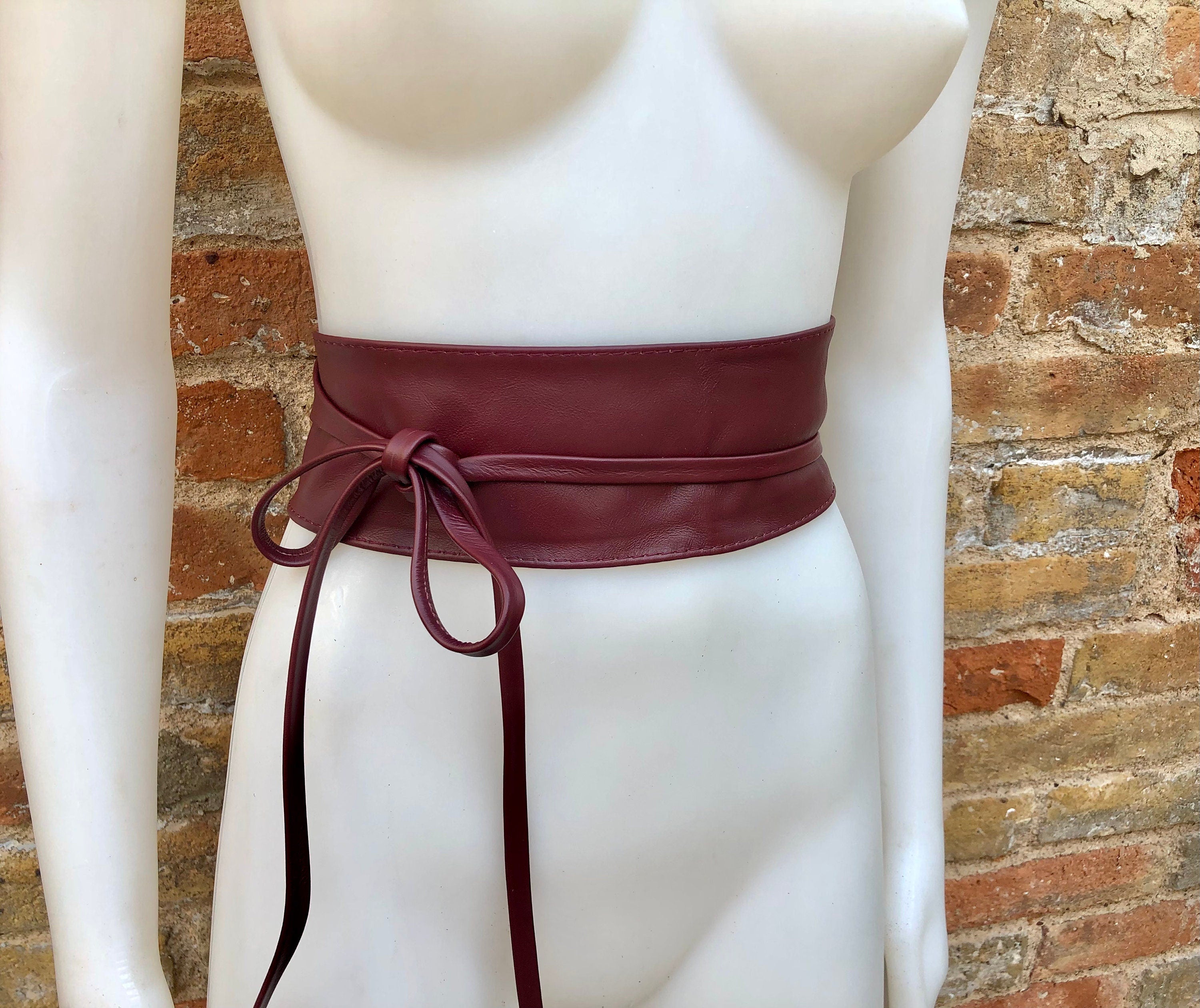 Wraparound belt in soft leather. Burgundy wrap belt. Longer option. Genuine leather wine red belt. Boho dress belt, dark red leather sash