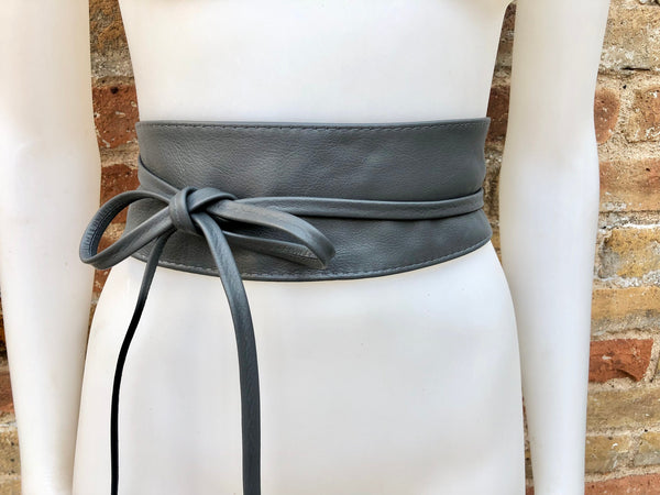 GRAY wraparound belt in soft leather. Grey wrap belt. Longer option. Genuine leather grey belt. Boho dress belt, dark gray leather obi belt