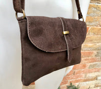 Dark BROWN suede bag. Genuine leather chocolate crossbody bag. Small leather bag with adjustable strap and zipper. Dark brown suede purse.