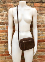 Small brown crossbody bag with adjustable guitar strap + suede strap. Genuine suede leather brown purse. Shoulder / crossbody bag w/ zippers