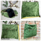 GREEN suede messenger bag: 1 GUITAR strap + 1 suede strap. Soft genuine leather crossbody / shoulder bag. Green purse with embroidered strap