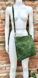 GREEN suede messenger bag: 1 GUITAR strap + 1 suede strap. Soft genuine leather crossbody / shoulder bag. Green purse with embroidered strap