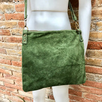 GREEN suede messenger bag: 1 GUITAR strap + 1 suede strap. Soft genuine leather crossbody / shoulder bag. Green purse with embroidered strap