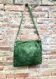 GREEN suede messenger bag: 1 GUITAR strap + 1 suede strap. Soft genuine leather crossbody / shoulder bag. Green purse with embroidered strap