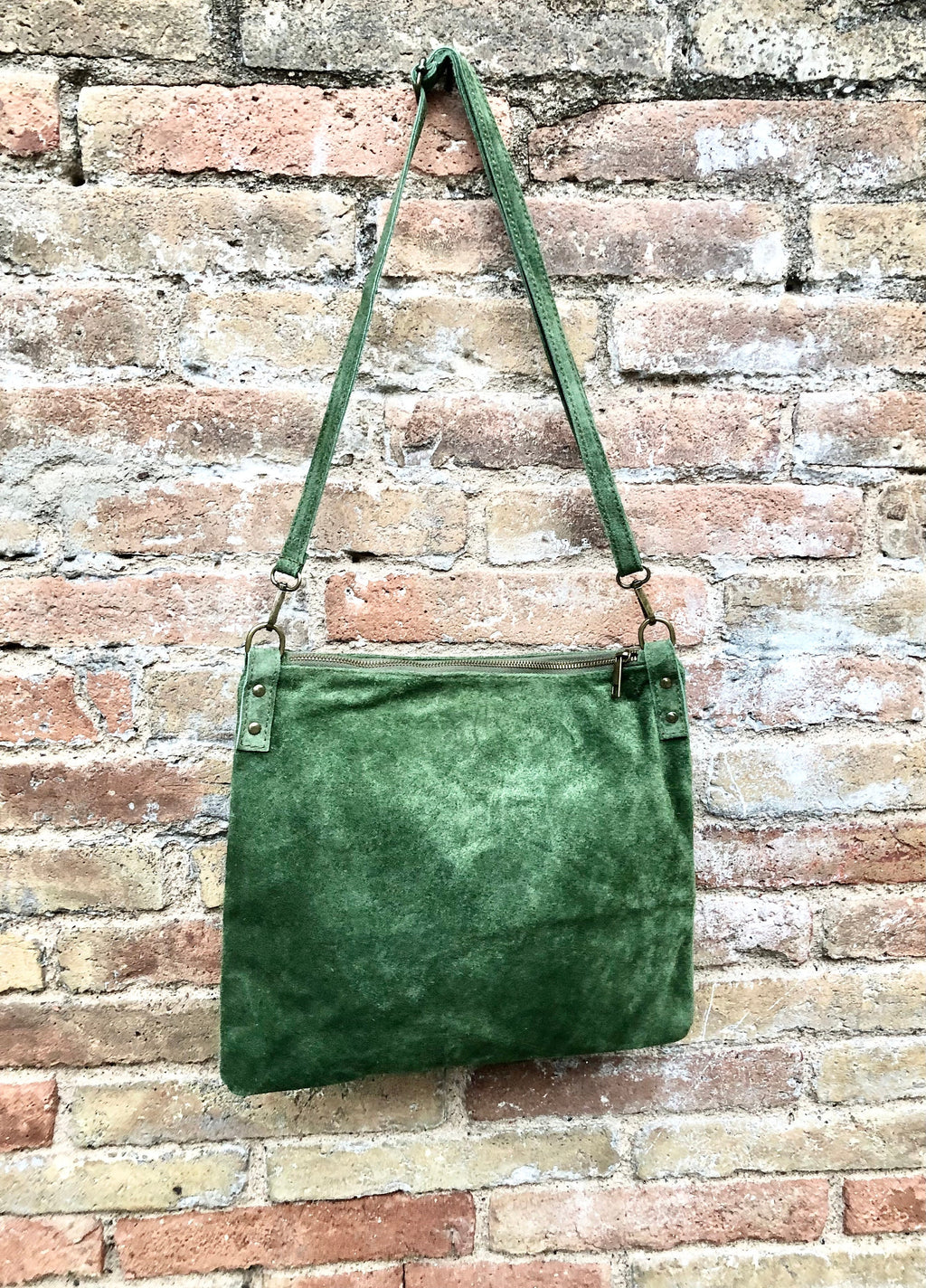 GREEN suede messenger bag: 1 GUITAR strap + 1 suede strap. Soft genuine leather crossbody / shoulder bag. Green purse with embroidered strap