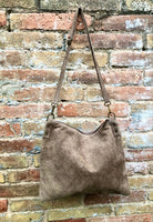 Light brown suede messenger bag: 1 GUITAR strap + 1 suede strap. Genuine leather crossbody / shoulder bag. Brown purse + embroidered strap