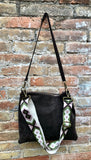 Dark brown suede messenger bag: 1 GUITAR strap + 1 suede strap. Genuine leather crossbody / shoulder bag. Brown purse + embroidered strap