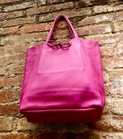 Tote leather bag in hot PINK. Leather shopper bag in soft natural GENUINE leather. Large fuchsia color carry all bag. Fuchsia pink purse