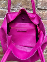 Tote leather bag in hot PINK. Leather shopper bag in soft natural GENUINE leather. Large fuchsia color carry all bag. Fuchsia pink purse