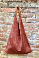 Slouch leather bag in terracotta suede .Genuine leather large shoulder bag. Dark orange - brown origami bag. Terracotta suede purse