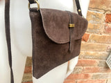 Suede leather bag in dark BROWN with waist belt. Crossbody bag in GENUINE leather with wraparound suede belt. BROWN suede purse +cinch belt