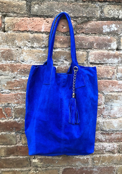 Cobalt BLUE leather shopper bag in genuine suede. Slouchy BLUE carry all tote bag for laptop, tablet, books. Royal BLUE leather purse