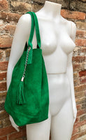 GENUINE suede leather green shopper bag. Slouchy carry all tote bag for your laptop, tablet, books. GREEN leather purse. Green shoulder bag
