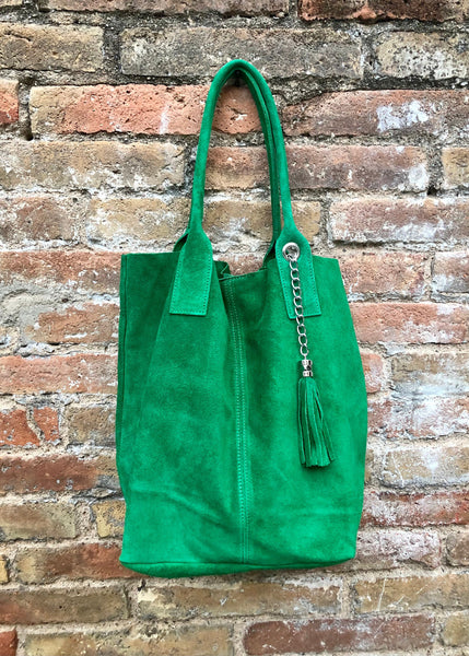 GENUINE suede leather green shopper bag. Slouchy carry all tote bag for your laptop, tablet, books. GREEN leather purse. Green shoulder bag