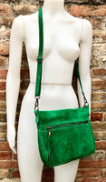 BOHO suede leather bag in GREEN. Crossbody bag in genuine leather, messenger suede bag. Soft natural leather bag in green