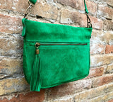 BOHO suede leather bag in GREEN. Crossbody bag in genuine leather, messenger suede bag. Soft natural leather bag in green