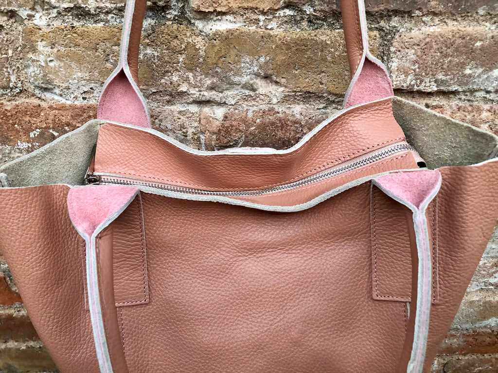GENUINE leather soft PINK shopper bag. Large carry all bag for laptops, books. Pink pink leather tote / bucket bag. Pink leather purse