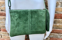 Suede leather bag in MOSS GREEN.Cross body bag, boho shoulder bag in GENUINE leather. Small leather bag,green shoulder bag, small green bag