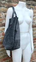 Dark gray leather shopper bag in genuine suede. Slouchy grey carry all tote bag for laptops, tablets, books. Gray leather purse with zipper