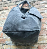 Dark gray leather shopper bag in genuine suede. Slouchy grey carry all tote bag for laptops, tablets, books. Gray leather purse with zipper