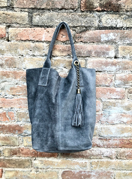 Dark gray leather shopper bag in genuine suede. Slouchy grey carry all tote bag for laptops, tablets, books. Gray leather purse with zipper