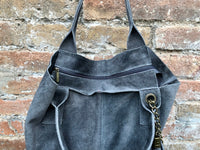 Dark gray leather shopper bag in genuine suede. Slouchy grey carry all tote bag for laptops, tablets, books. Gray leather purse with zipper