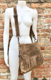 Cross body bag. BOHO suede leather bag in dark beige with FRINGES. Larger model. Genuine leather light brown - taupe crossbody hippy bag .