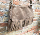 Cross body bag. BOHO suede leather bag in dark beige with FRINGES. Larger model. Genuine leather light brown - taupe crossbody hippy bag .