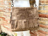 Cross body bag. BOHO suede leather bag in dark beige with FRINGES. Larger model. Genuine leather light brown - taupe crossbody hippy bag .