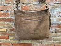 Cross body bag. BOHO suede leather bag in dark beige with FRINGES. Larger model. Genuine leather light brown - taupe crossbody hippy bag .