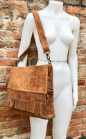 Cross body bag. BOHO suede leather bag in camel brown with FRINGES. Larger model. Genuine leather light saddle brown crossbody hippy bag .