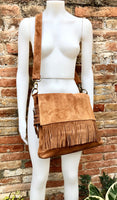 Cross body bag. BOHO suede leather bag in camel brown with FRINGES. Larger model. Genuine leather light saddle brown crossbody hippy bag .