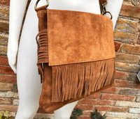 Cross body bag. BOHO suede leather bag in camel brown with FRINGES. Larger model. Genuine leather light saddle brown crossbody hippy bag .