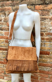 Cross body bag. BOHO suede leather bag in camel brown with FRINGES. Larger model. Genuine leather light saddle brown crossbody hippy bag .