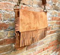 Cross body bag. BOHO suede leather bag in camel brown with FRINGES. Larger model. Genuine leather light saddle brown crossbody hippy bag .