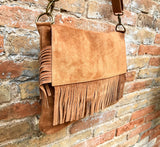 Cross body bag. BOHO suede leather bag in camel brown with FRINGES. Larger model. Genuine leather light saddle brown crossbody hippy bag .