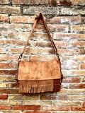 Cross body bag. BOHO suede leather bag in camel brown with FRINGES. Larger model. Genuine leather light saddle brown crossbody hippy bag .