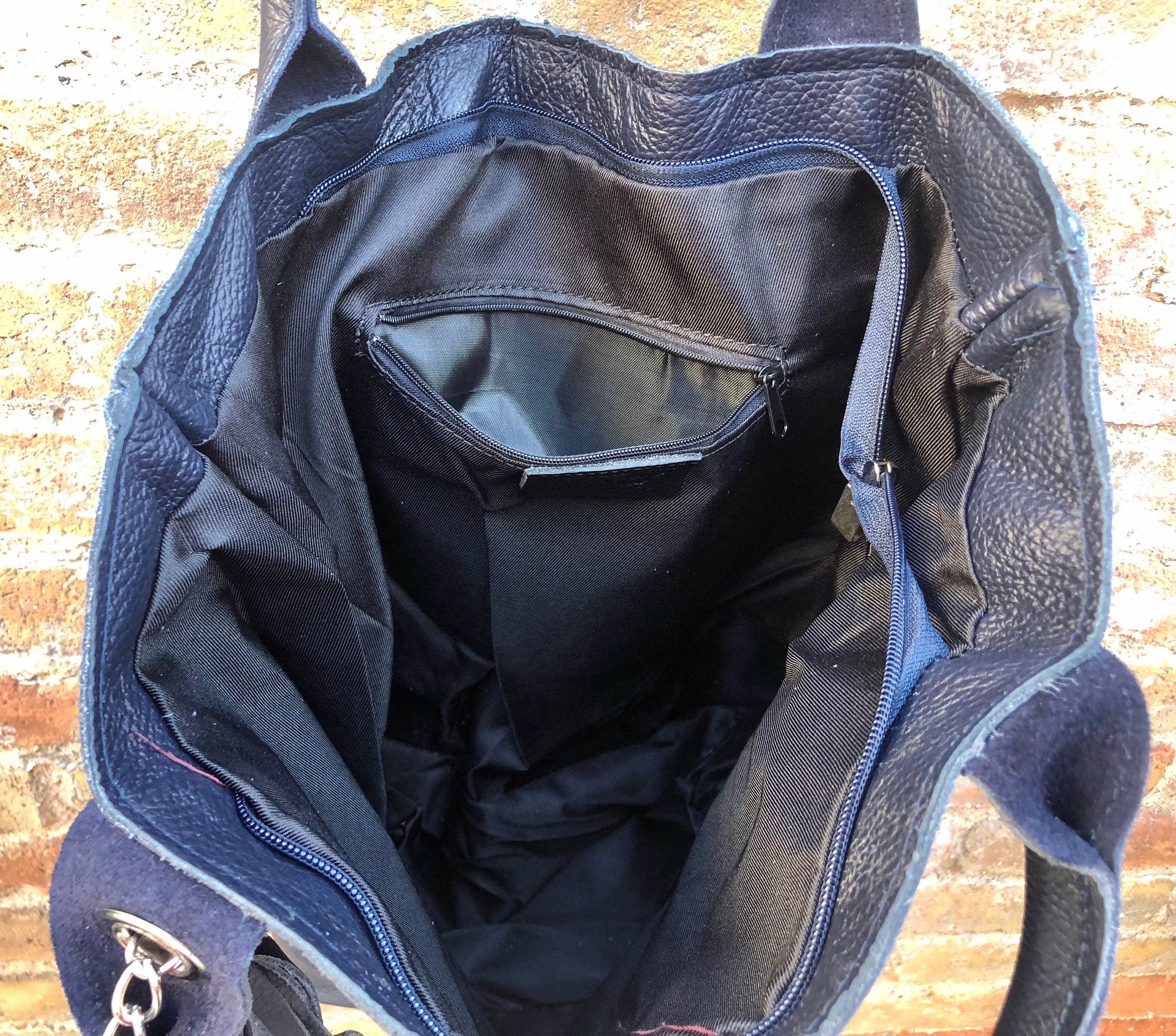 Teal blue - green tote leather shopper in GENUINE leather. Metallic shine finish. Blue carry all bag for your laptop, books + lining.