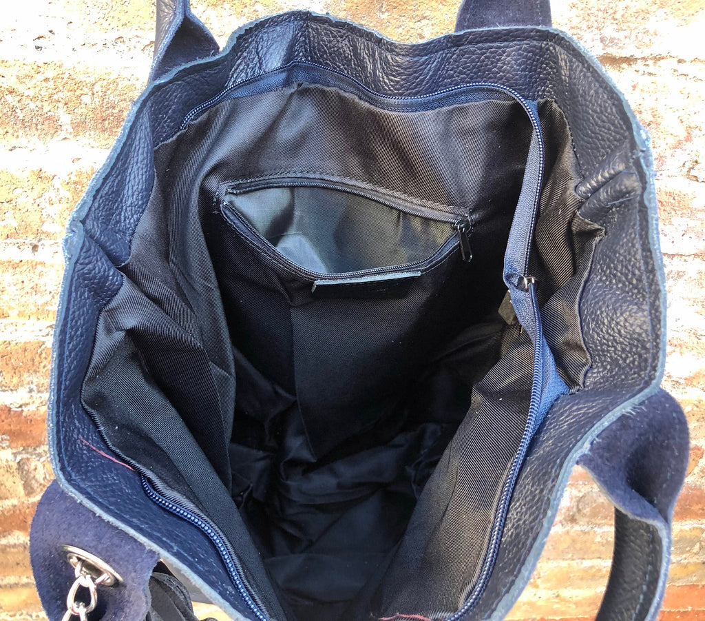 TEAL blue tote leather shopper in GENUINE leather. Large blue carry all tote bag for your laptop, books. Leather shopper w/ lining + zipper