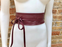 Wraparound belt in soft leather. Burgundy wrap belt. Longer option. Genuine leather wine red belt. Boho dress belt, dark red leather sash