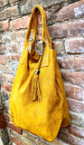 Mustard yellow leather shopper bag in genuine suede. Slouchy yellow carry all tote bag for laptops, tablets, books. Mustard SUEDE purse