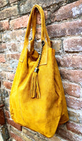 Mustard yellow leather shopper bag in genuine suede. Slouchy yellow carry all tote bag for laptops, tablets, books. Mustard SUEDE purse